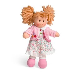 a small doll with blonde hair wearing a dress and pink shoes, on a white background