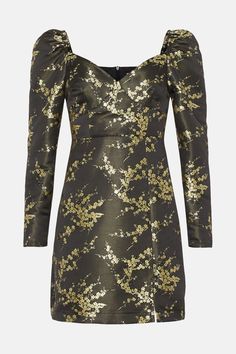 Style: A-Line DressFabric: JacquardLength: MiniNeckline: SweetheartSleeve Length: Long Sleeve Oasis Dress, Oasis Fashion, Aline Dress, Floral Jacquard, Gold Floral, Dresses Black, Black And Gold, Dress Collection, Oasis