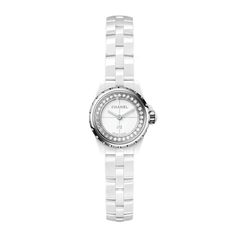 Chanel J12-XS White Ceramic Diamond Watch Modern White Diamond Watch With Round Dial, Chanel J12, Watches Logo, Chanel Watch, White Watch, Chanel Accessories, Amazing Watches, Womens Watches Luxury, Chanel Jewelry