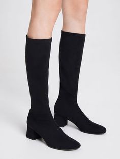 Black Textured Block Heel Knee Boots - CHARLES & KEITH US Trendy Suede Wide Calf Heeled Boots, Suede Mid-calf Heeled Boots For Fall, Chic Mid-calf Platform Boots For Winter, Chic Mid-calf Winter Platform Boots, Chic Winter Mid-calf Platform Boots, Trendy Black Full Length Boots, Black Full Length Trendy Boots, Trendy Full Length Black Boots, Trendy Wide Calf Knee-length Boots