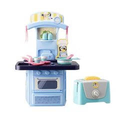 a toy kitchen with an oven and toaster