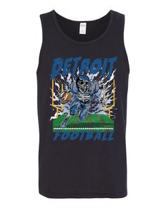 Detroit DET American Football Flaming Skeleton | Trendy Streetwear Fantasy Fan Sports Mens Tank Top   Pick a sport, any sport we've got you covered. From Football and Baseball to Table tennis and Horseback Riding whatever your passion we have a cool design for you to wear while to showing off your skills   * TOP QUALITY: Our shirts are made with a soft, pre-shrunk 50/50 cotton/polyester blend, ensuring maximum comfort and durability. We also use the newest, high-tech printing techniques available, guaranteeing the finest print on the market.   * EASY CARE: Care for your t-shirts with ease, simply machine wash inside-out, cold with like colors. No complicated care instructions needed!    * SIZES AVAILABLE: Our t-shirts are designed to fit just about everyone, (S-5X) and our unique size char Black Activewear For Sports Events With Graphic Print, Black Athletic Fit Activewear With Graphic Print, Athletic Fit Sportswear With Graphic Print, Athletic Fit Graphic Print Activewear, Athletic Fit Activewear With Graphic Print, Cotton Activewear With Graphic Print For Training, Cotton Athletic Fit Activewear For Sports Season, Cotton Graphic Print Activewear For Training, Moisture-wicking Cotton Activewear For Sports