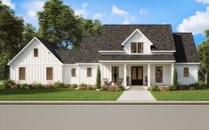 a white house with black shingles on the roof and front porch is shown in an artist's rendering