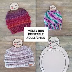 four different knitted beanies with the words messy bun printable adult / child