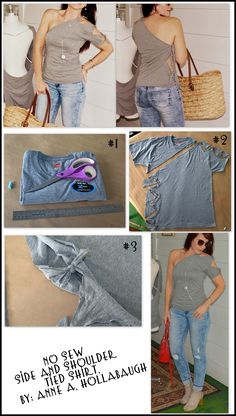 a collage of photos showing different ways to sew a top and how to tie it