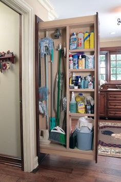 an open cabinet filled with cleaning supplies in a living room