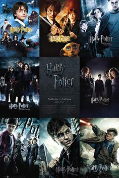 the harry potter movie poster is shown in four different pictures, including one with an image of