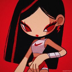 an animated girl with red eyes and long black hair is standing in front of a red background