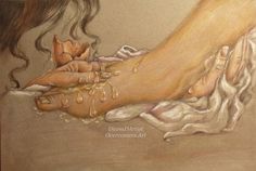 a drawing of a woman's foot with water dripping from her toe and hands on the ground