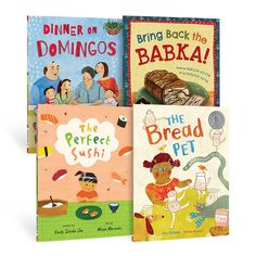 three children's books about the different types of food