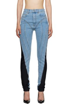 Blue & Black Spiral Jeans by Mugler on Sale Stretch Jeans With Belt Loops For Streetwear, Mugler Jeans Outfit, H&m X Mugler, Womanity Mugler, Mugler Spiral Jeans, Mugler Jeans, Mugler Top, Mugler Denim, Fly Logo