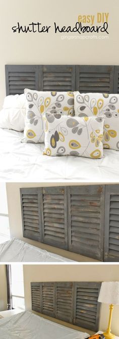 an old shutter headboard is transformed into a bed