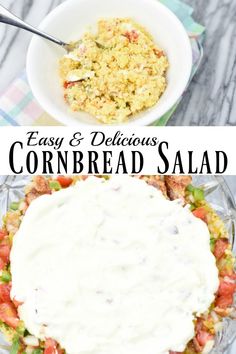 an easy and delicious cornbread salad with ranch dressing in the middle is ready to be eaten