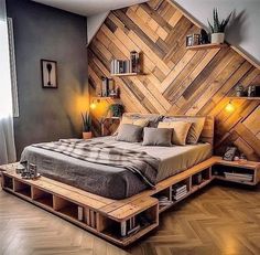 a bed made out of wooden pallets in a bedroom