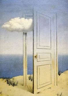 an open door to the ocean with a cloud above it and grass in front of it