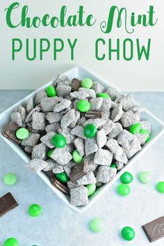 a white bowl filled with chocolate mint puppy chow