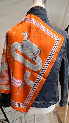 Orange and Pink Horse Track French Scarf A classic custom denim jacket embellished with a classic silk scarf on back, collar and cuffs Designer Silk Scarves For Fall, Designer Silk Scarf For Spring, Casual Silk Outerwear For Work, Classic Silk Scarf For Spring, Classic Silk Scarf For Spring Workwear, French Scarf, Work Illustration, Pink Horse, Custom Denim Jacket