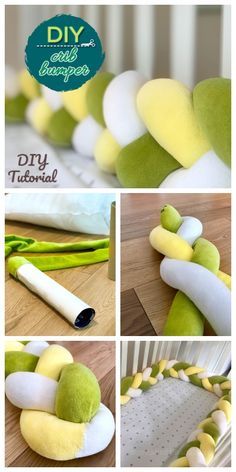 the steps to make a diy felt wreath with green and white flowers on it