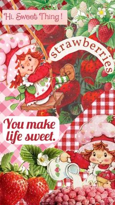 an advertisement for strawberries with strawberrys and other fruit on the table, as well as