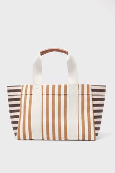 Camel and Brown Parcours M Palais Royal Tote Luxury Luggage, White Rope, Beach Getaways, Tool Bag, A Background, Horizontal Stripes, Vertical Stripes, Side Panels, Jewelry Bags