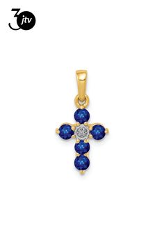 14k yellow gold and rhodium over 14k yellow gold 0.43 cttw sapphire and diamond cross pendant. Measures approximately 13/16"L x 5/16"W and has a 2mm bail. Yellow Gold Crucifix Jewelry With Cubic Zirconia, Yellow Gold Cross Pendant Fine Jewelry, Yellow Gold Cubic Zirconia Crucifix Jewelry, Fine Jewelry 14k Stamped Cross, 14k Gold Cross Jewelry With Diamond Accents, Yellow Gold Cubic Zirconia Cross Jewelry, Yellow Gold Cubic Zirconia Cross Pendant, Fine Jewelry Crucifix With Diamond Accents, Yellow Gold Cross Pendant With Diamond Accents