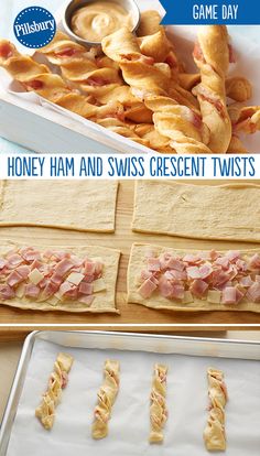 the process for making ham and swiss crescent twists is shown in three different stages, including baking