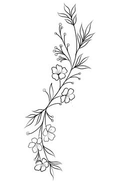 a black and white drawing of some flowers on a branch with leaves in the middle