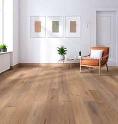 a living room with wood floors and pictures on the wall