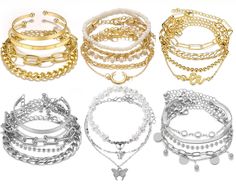 PRICES MAY VARY. 【TRENDY ELEMENT】: 24 Pcs 17IF silver gold bracelet set with 21 pcs chunky link and 3 pcs punk bangle, more fashion element like snake white bead moon sparkle butterfly baroque pearl etc, one item meeting your all need. 【HIGH MATERIAL】: 17IF bracelet be made of high-quality alloy materials, using twice silver-plated technology, do their best to grow the life of the product and protect the appearance of durability, lead-free, nickel-free and hypoallergenic to protect your health. Layered Bangles, Bracelet Pack, Bracelet Set Silver, Gold Bracelet Set, Gold And Silver Bracelets, Wrist Wear, Bracelets Set, Chain Bracelets, Silver Chain Bracelet