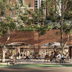 an artist's rendering of people walking and riding bikes in front of a brick building