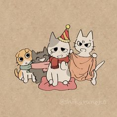 three cartoon cats sitting next to each other on top of a brown paper background with the words happy birthday written below them