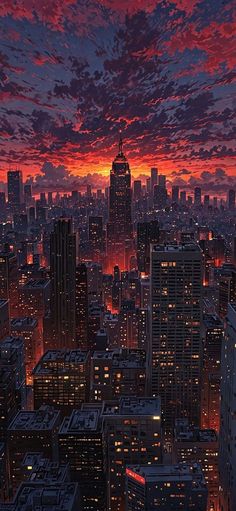 the city is lit up at night with red and purple clouds in the sky above