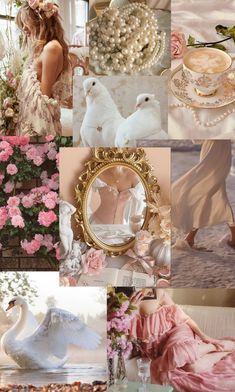 a collage of photos with swans and flowers