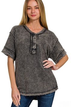 Zenana Raw Edge Detailed Button Closure Scoop Neck Top – jfybrand Black Tops With Frayed Hem For Spring, Black Relaxed Fit Top With Frayed Hem, Trendy Washed Black Top, Washed Black Button-up Top For Spring, Black Washed Top For Everyday, Everyday Distressed Black Tops, Everyday Black Distressed Top, Black Distressed Top For Everyday, Black Washed Tops For Spring