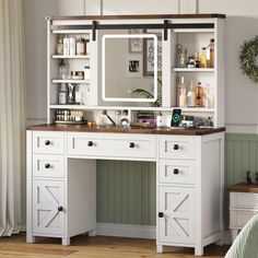 a white vanity with mirror and drawers in a room