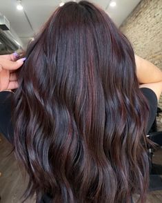 Dark Hair Color Ideas With Red Undertones, Dark Red Hair Color For Brunettes, Cherry Black Balayage, Dark Cherry Black Hair Color, Chocolate Cherry Highlights On Black Hair, Midnight Cherry Hair Color, Chocolate Cherry Balayage Dark Brown, Black Cherry Coke Hair Color, Cherry Coke Color