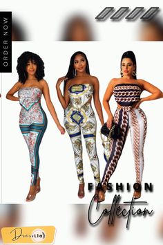 Women Fashion Streetwear Printed Bandage Strapless Crop Top Slim Pants Summer Bodycon 2 Piece Set Summer Party Bandeau Sets, Chic Bandeau Sets For Spring, Spring Party Bandeau Sets, Chic Stretch Sets For Club, Trendy Stretch Strapless Jumpsuit, Strapless Stretch Party Sets, Chic Stretch Bandage Tube Top, Trendy Fitted Strapless Jumpsuits And Rompers, Trendy Strapless Denim Jumpsuit