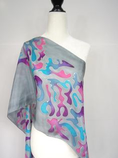 Silk scarf. Hand painted silk scarf in purple fuchsia blue | Etsy Sea Corals, Purple Silk Scarf, Coral Scarf, Bag Scarf, Green Silk Scarf, Dress Painting, Hand Painted Scarves, Habotai Silk, Painted Scarf