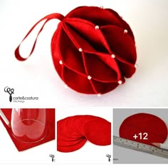 the instructions for making a red felt flower with scissors and tape are shown in three different views