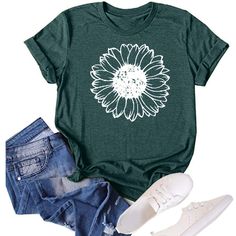 PRICES MAY VARY. 🌼【Premium Fabrics】Suggest hand/machine wash cold water, dry flat, not bleach. Do not tumble dry. This summer sunflower graphic tops for women are made of high-quality material. Soft and smooth. 65% Cotton, 35% Polyester t-shirt. Comfortable and has a good stretch. Comfy sunflower printed tee tops, novelty funny sunflower shirts top women. Soft fabric with a little stretchy, breathable to wear. It's not only light but also absorbs sweat. 🌼【Design】Sunflower shirts for women. Uni Sunflower T Shirt, Summer Sunflower, Sunflower Shirt, Girls Graphic Tee, Loose Tees, Casual Summer Shorts, Girls Blouse, Flower Graphic, Top Shirt Women