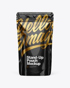 black stand up pouch mockup with gold lettering on the front and bottom side, ready to be used for packaging