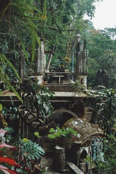 an old building surrounded by plants and trees