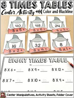 eight times tables with numbers and an elephant on them