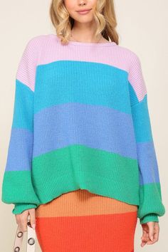 Elevate your style with our Bold Rainbow Stripe Oversized Chunky Knit Pullover. This eye-catching and playful pullover boasts a unique rainbow stripe design that's sure to turn heads. The drop shoulder and oversized fit provide a relaxed and comfortable feel, while the ribbed knit adds a cozy and warm texture, making it perfect for chilly days. With its classic round neckline, this pullover is easy to style with any bottom, whether it's jeans or skirts. Crafted from high-quality and soft knit ma Pattern Rainbow, Multicolor Skirt, Casual Night Out, Bold Stripes, Shoes With Jeans, Knit Pullover, Knitted Pullover Sweaters, China Fashion, Rainbow Stripes