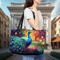 Peacock Weekender Tote Bag Van Gogh Art Inspired Bag - Etsy Multicolor Cat Print Bags For Everyday Use, Starry Night Tote Bag, Cheap Multicolor Cat Print Bags, Beach Bag Gift, Peacock Canvas, Painted Handbag, Multicolor Tote Bag With Cat Design, Canvas Bag Design, Multicolor Cat Design Tote Bag