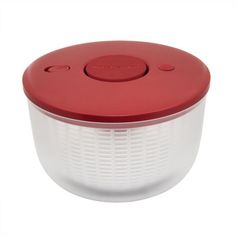 an image of a red and white food container on a white background with the lid down