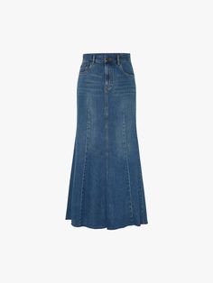 MO&Co. Women's Denim Mermaid Maxi Skirt This denim maxi skirt is made from premium cotton. It's detailed with vertical seams that create a paneled effect and has an exaggerated flared hem. Wear it with a simple top for a chic look. Features : - Flared maxi silhouette- Button and zip closure- Five-pocket design Code: MBD3SKTT06The back length of size S is 98cmMATERIALS & CARE Material: 100% CottonPlease put it into a mesh bag to wash.Denim products have slight fading, which is normal.REMINDER: Al Mermaid Maxi Skirt, Denim Skirt Outfits, Simple Top, Denim Maxi, Denim Maxi Skirt, Mesh Bag, Dream Clothes, Skirt Outfits, Denim Women