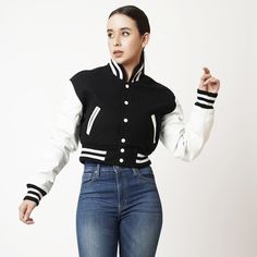 Women's Cropped Varsity Leather Jacket In Black & White Sleeves Varsity Leather Jacket, Leather Shorts Women, Stylish Leather Jacket, Crop Top Jacket, White Sleeves, Leather Jumpsuit, Distressed Jacket, Western Jacket, Suede Coat