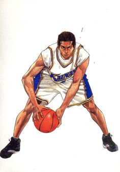 a drawing of a man holding a basketball in his right hand and wearing black shoes