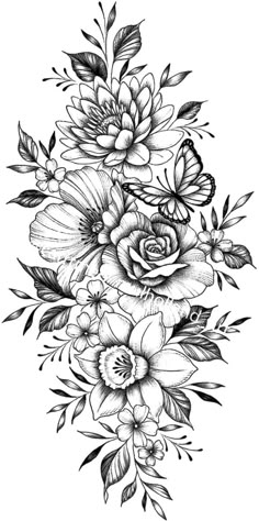 black and white drawing of flowers with butterflies on the top of each flower, which is surrounded by leaves